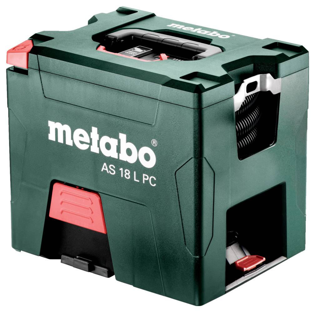 Grüner Metabo AS 18 L PC Staubsauger mit kompaktem quadratischem Design, sichtbaren Griffen und Tasten sowie Metabo-Logo an der Seite.