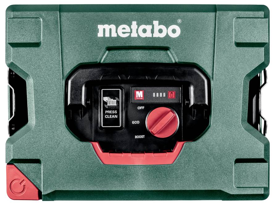 Ein grüner und schwarzer Metabo Werkzeugkoffer mit einer Bedienungstafel, auf der Tasten mit den Beschriftungen 