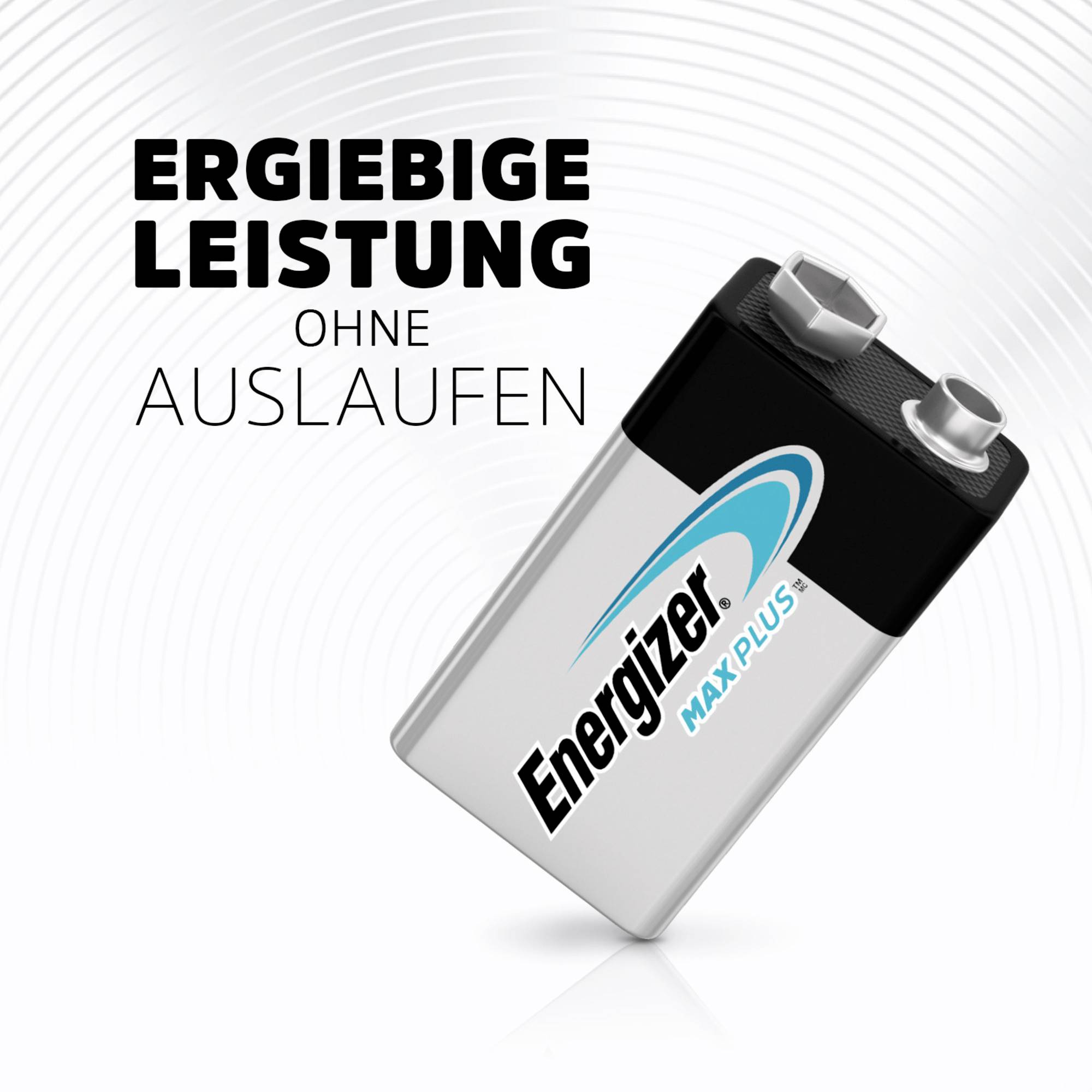 Batterie mit Aufschrift 'Energizer Max Plus', daneben Text 'Ergiebige Leistung ohne Auslaufen'.