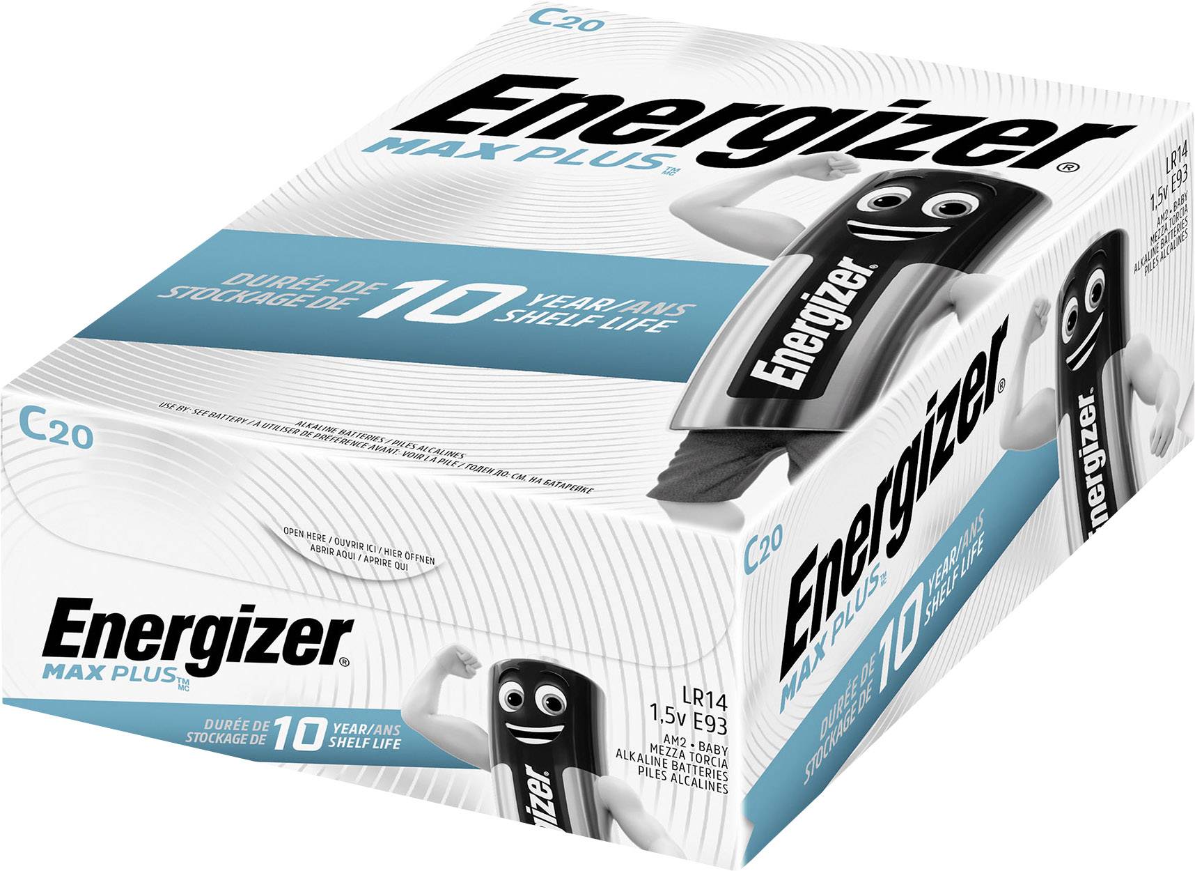 Energizer Max Plus Batterieverpackung mit Maskottchen, zeigt Haltbarkeit von 10 Jahren an. Enthält 20 C-Size Batterien.