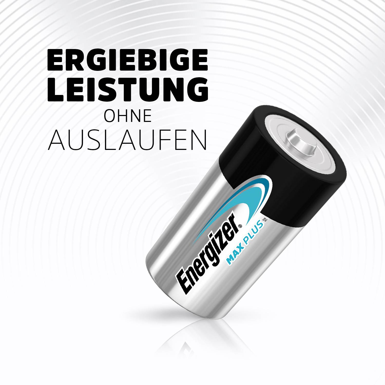 Batterie mit der Aufschrift 'Energizer Max Plus', daneben der Text 'Ergiebige Leistung ohne Auslaufen' auf grauem Hintergrund.