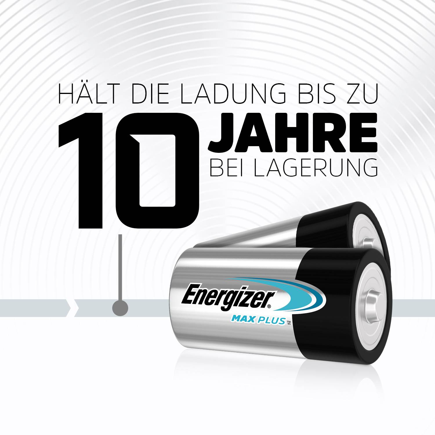 Batteriewerbung mit der Aussage 'Hält die Ladung bis zu 10 Jahre bei Lagerung'. Zwei Batterien mit 'Energizer Max Plus'-Aufdruck.
