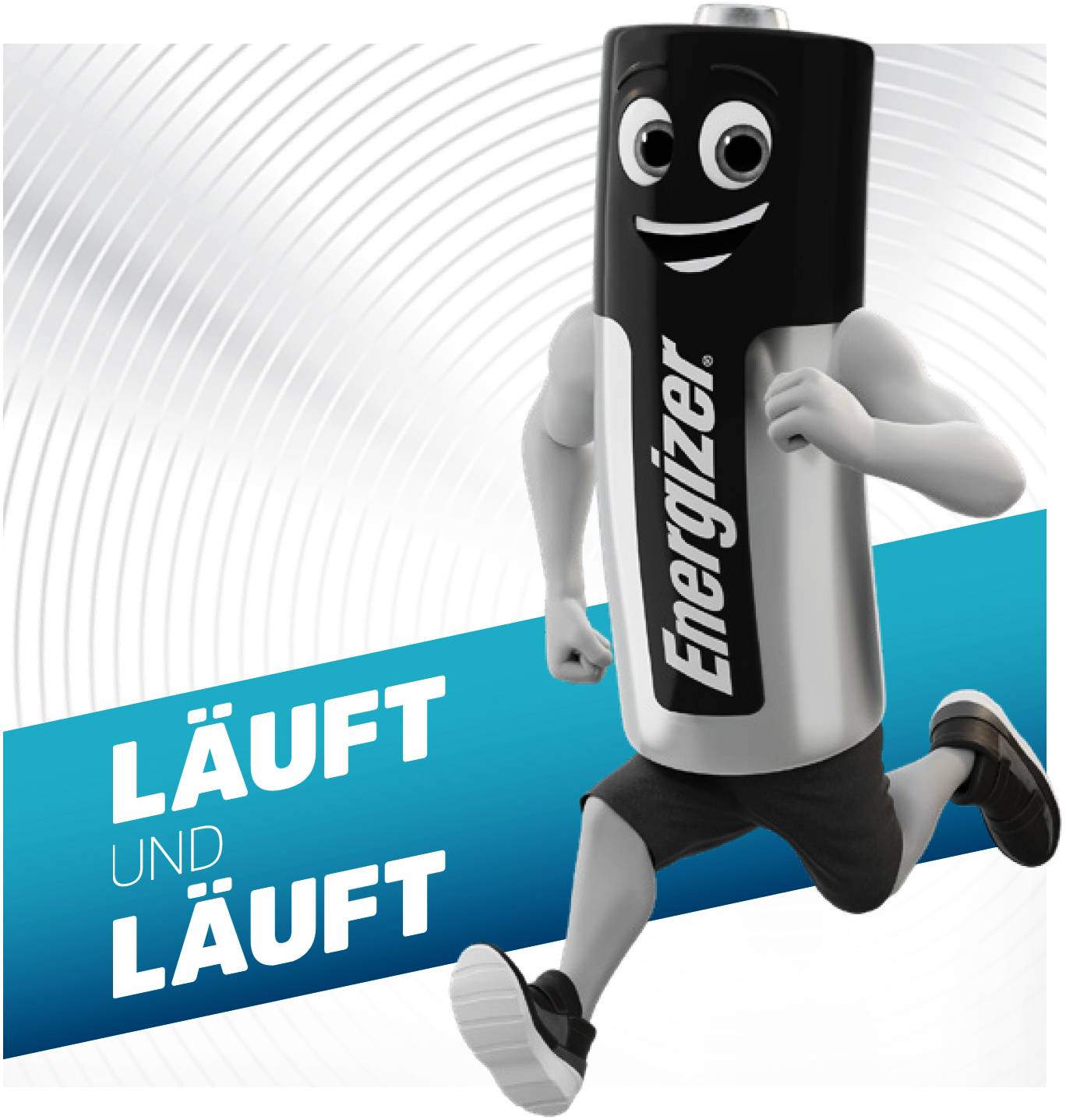 Ein Cartoon-Batteriemaskottchen mit Beinen läuft dynamisch. Neben ihm steht der Text 'Läuft und läuft' auf blauem Hintergrund.