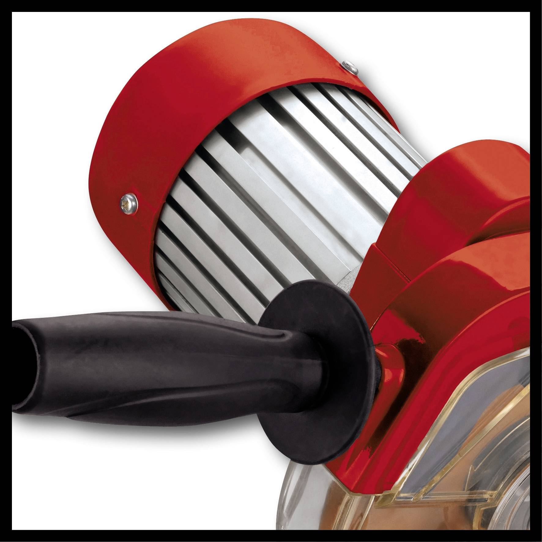 Nahaufnahme eines rot-silbernen elektrischen Werkzeugs mit Griff.