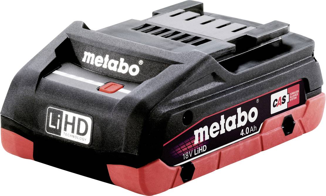 Metabo 18V LiHD 4.0Ah Akku mit schwarzem und rotem Gehäuse und Verriegelungsstecker.