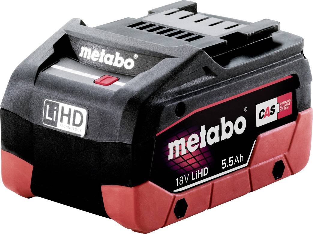 Metabo 18V LiHD 5,5Ah Akku in Schwarz und Rot mit CAS-Branding.