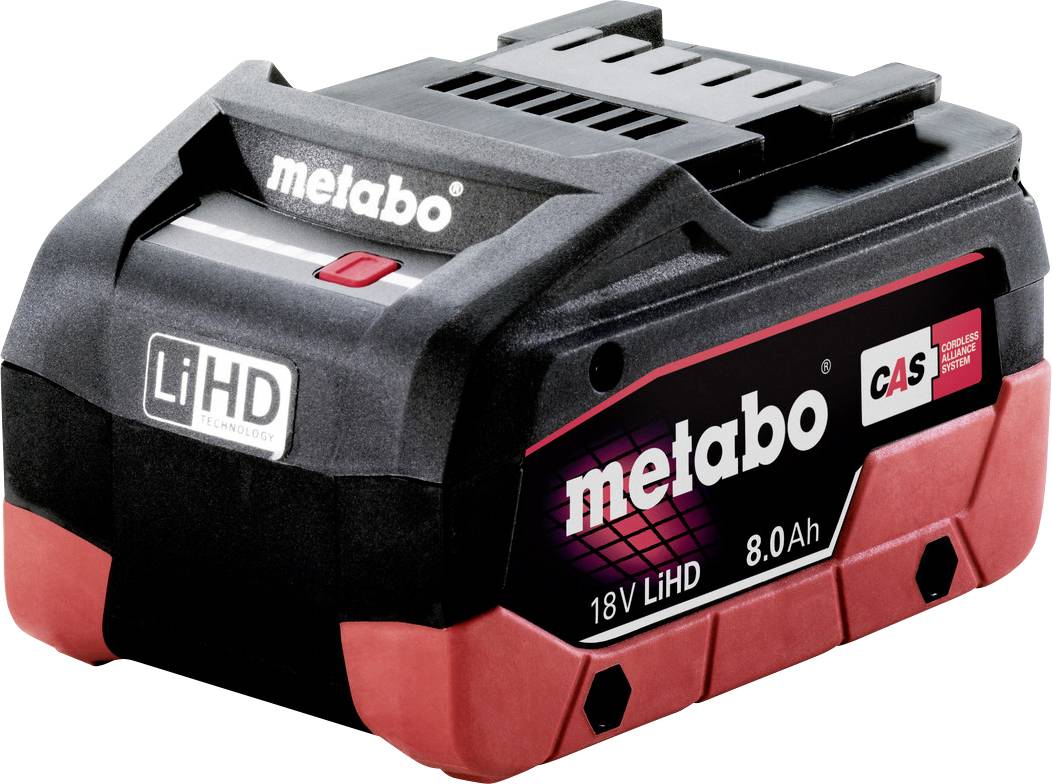 Schwarze und rote Metabo 18V LiHD 8.0Ah Batteriepack auf weißem Hintergrund, gezeigt in Dreiviertelsicht mit sichtbarer Markierung.