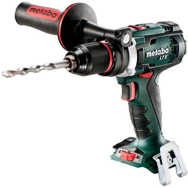 Kabellose Metabo-Bohrmaschine mit Seitengriff und Bohrbit, auf weißem Hintergrund dargestellt.
