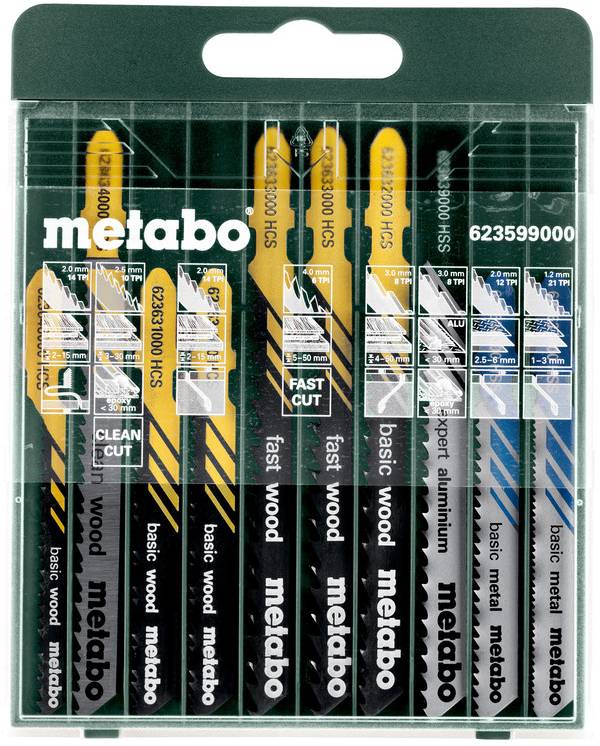 Paket mit Metabo-Stichsägeblättern in verschiedenen Ausführungen für Holz, Metall und Aluminium mit der Produktnummer 623599000.