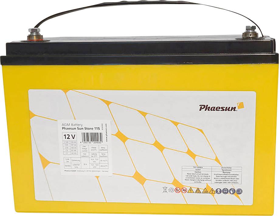 Gelbe Batterie mit schwarzem oberen Rand und Tragegriff. Aufschrift: 'Phaesun Sun Store 115, AGM Battery, 12V'.