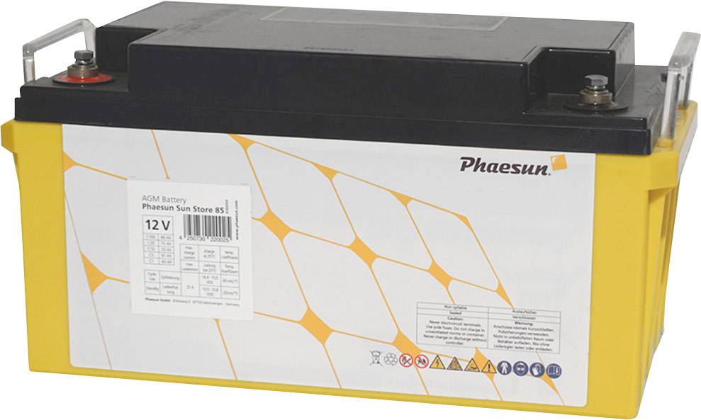 Eine gelbe 12V AGM-Batterie der Marke Phaesun mit schwarzen Anschlüssen.