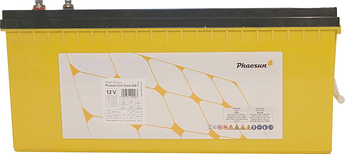 Gelbe 12V-Batterie mit schwarzem Deckel von Phaesun, Modell 'Phaesun Sun Store 230'. Etikett zeigt Spezifikationen und technische Symbole.