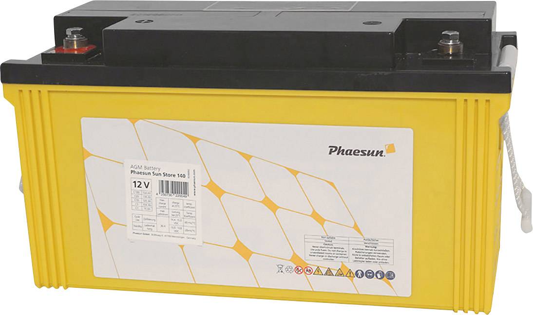 Eine gelbe Batterie von Phaesun mit der Aufschrift '12V'. Sie hat eine schwarze Abdeckung und ist für Solaranwendungen konzipiert.