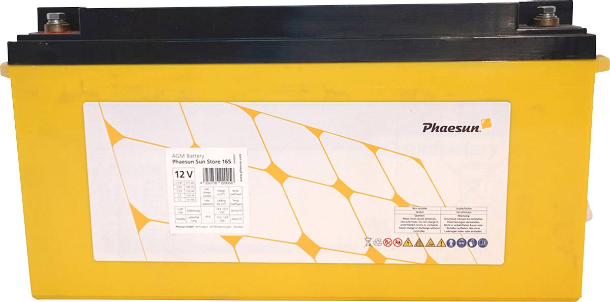 Gelb-schwarze Batterie der Marke Phaesun mit Etikett '12V' auf der Vorderseite.