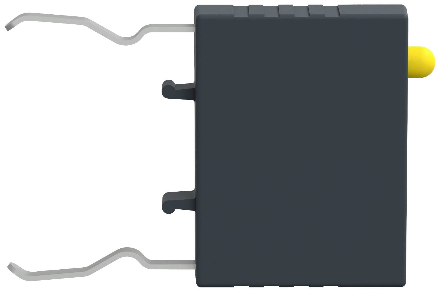 Schwarze elektronische Komponente mit zwei silbernen Anschlussdrähten links und einem gelben Knopf rechts, seitliche Ansicht.