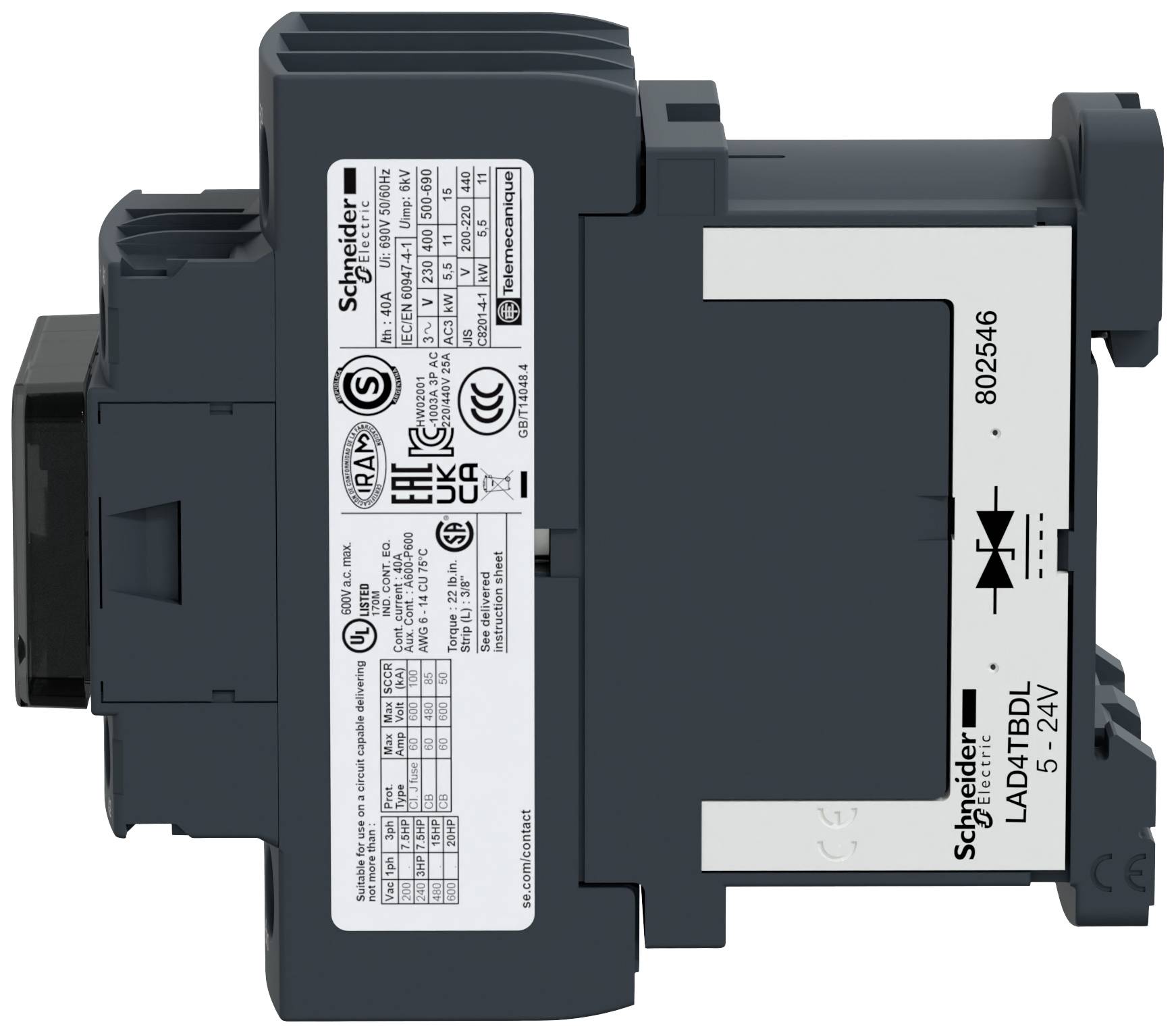 Schneider Electric Schutzgerät, Modell: LAD4TBDL, 5-24V, mit technischen Markierungen und Zertifizierungskennzeichen.