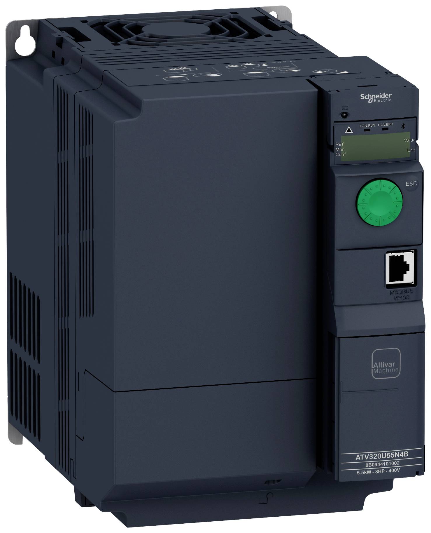 Ein Frequenzumrichter von Schneider Electric mit grünem Bedienfeld und Ethernet-Port, Modell ATV320U55N4B, für 1,5 bis 7,5 kW.