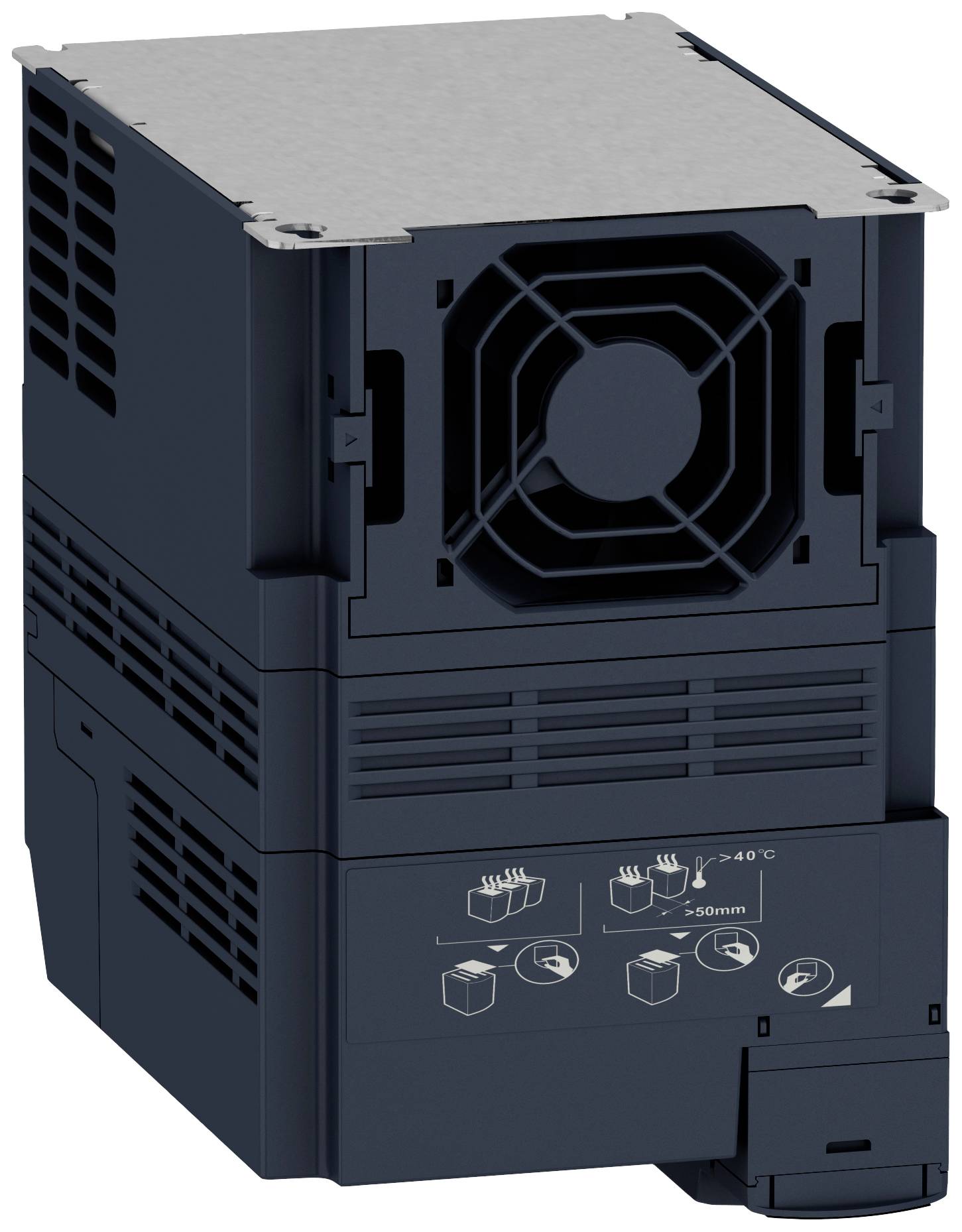 Ein schwarzes elektrisches Gerät mit Lüfter oben, Lüftungsschlitzen und einem Abschnitt mit Symbolen unten.