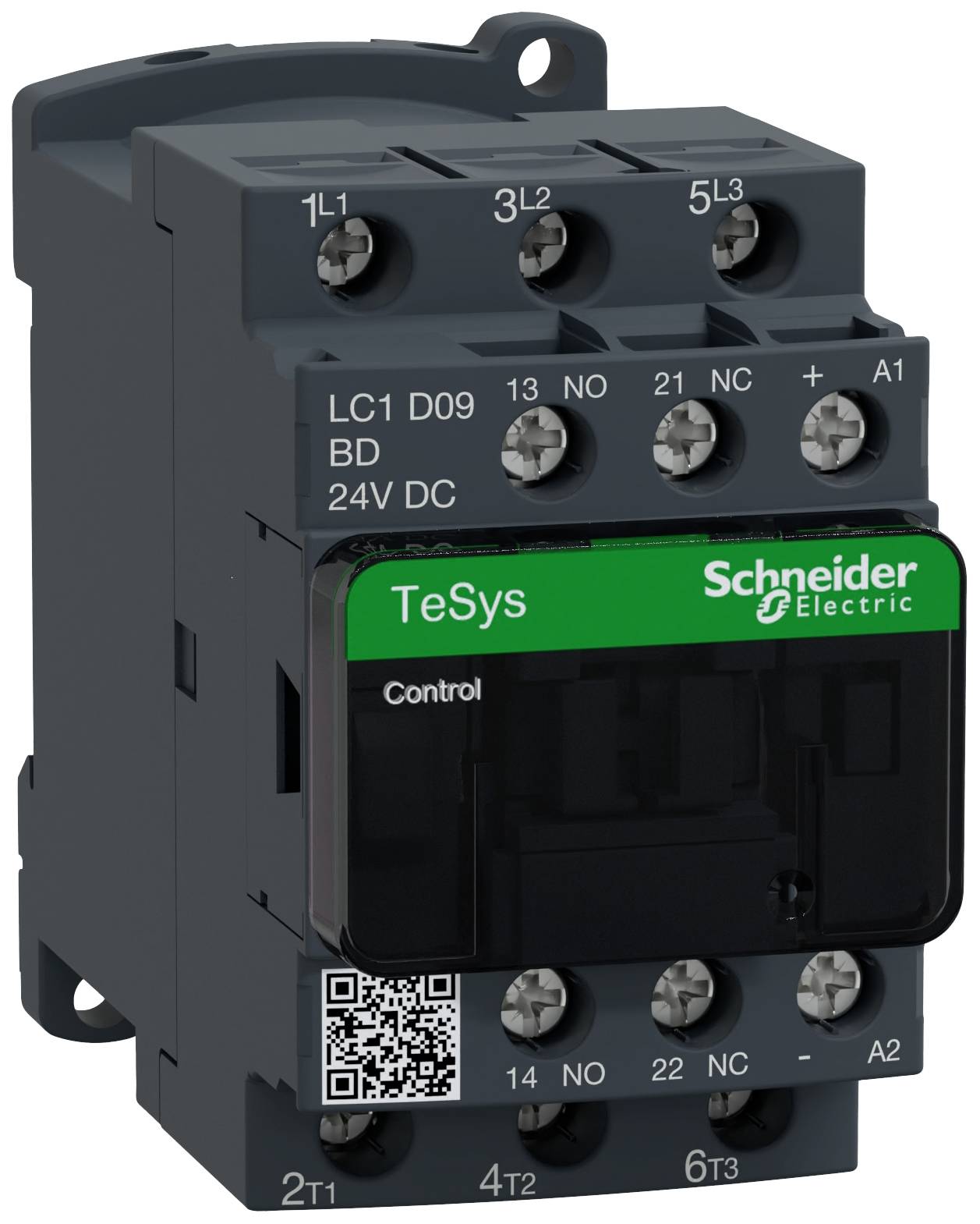 Ein schwarzer Schütz von Schneider Electric mit der Beschriftung 'TeSys', Modell LC1 D09 BD, für 24V DC, mit mehreren Anschlussklemmen.