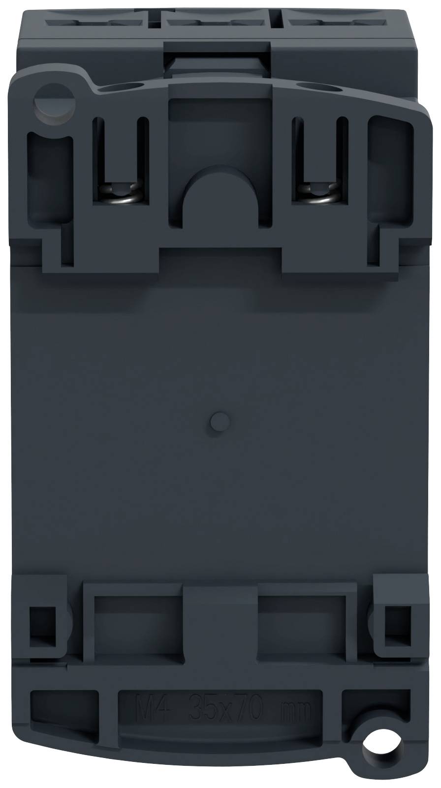 Ein graues elektrisches Modul, rechteckige Form mit mehreren Anschlussklemmen oben. Es ist für die Montage auf einer DIN-Schiene vorgesehen.