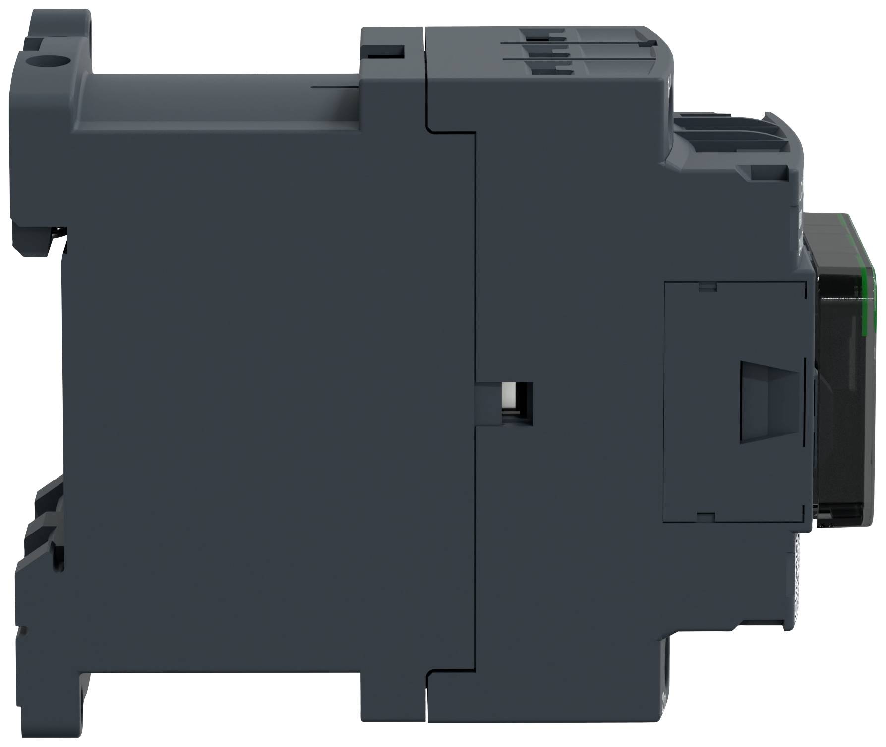 Ein schwarzes elektrisches Bauteil in Seitenansicht, das für die Montage auf einer Hutschiene ausgelegt ist.