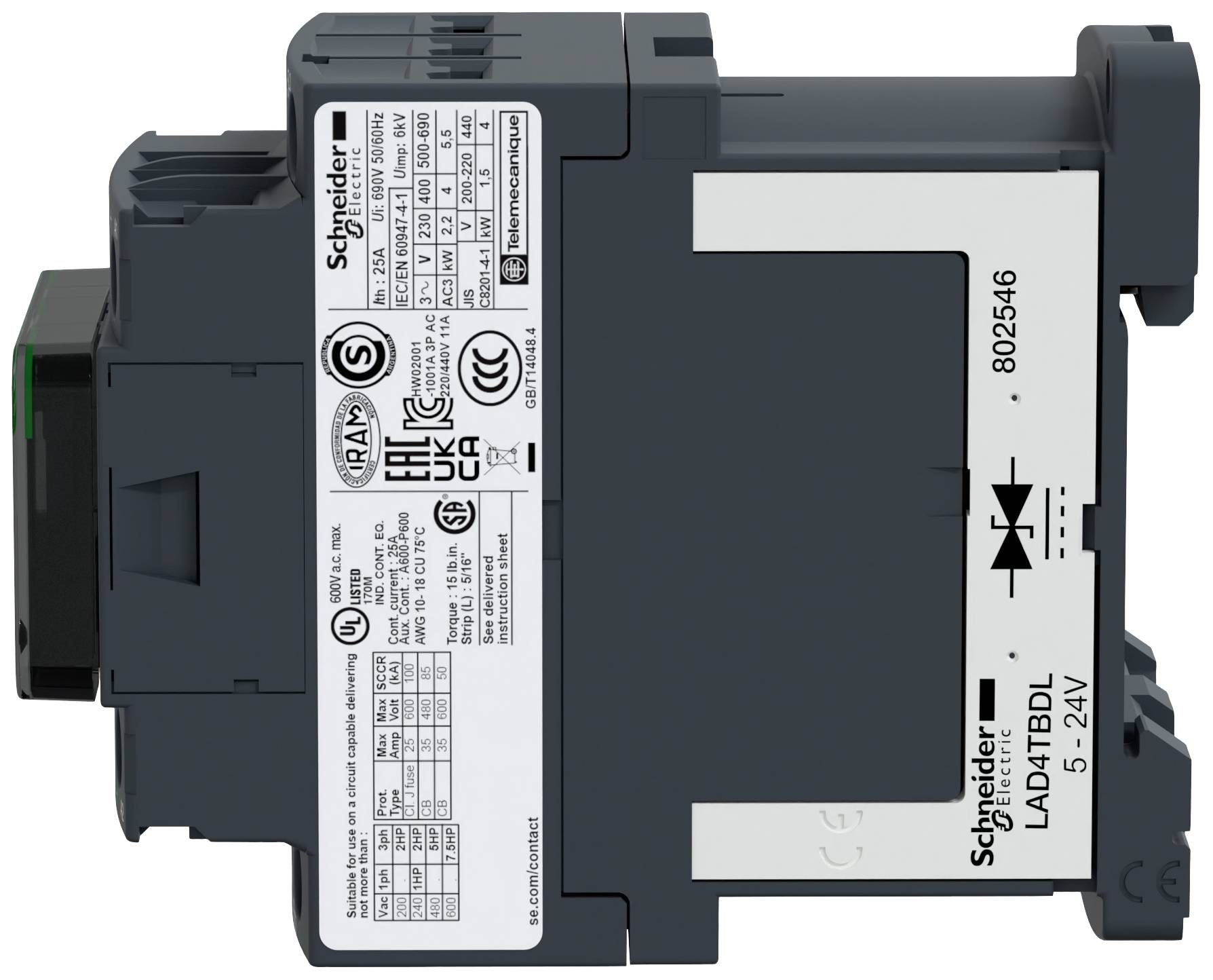 Elektrisches Gerät von Schneider Electric, Modell 'LAD4TBDL', mit Aufklebern für technische Spezifikationen und Zertifizierungen.