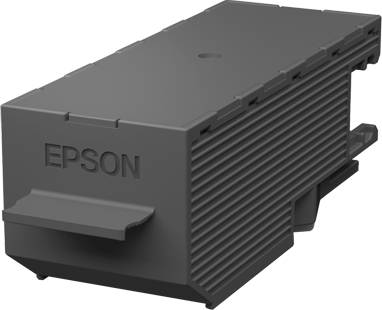 Epson-Druckerwartungsbox, dunkelgrau, rechteckig mit gerillten Seitenflächen, entwickelt zur Sammlung von Tintenverschwendung in spezifischen Druckermodellen.