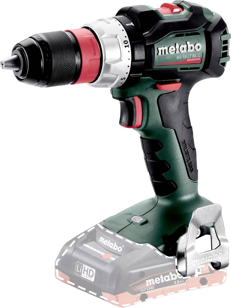 Ein kabelloser Bohrschrauber mit Metabo-Logo, grün-schwarz-rot, mit Akku an der Unterseite, geeignet für Heimwerkerarbeiten.