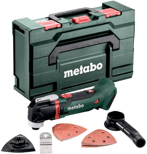 Metabo Akku-Oszillations-Multitool-Kit mit Transportkoffer, Akku, Schleiftellern und Zubehör auf weißem Hintergrund.