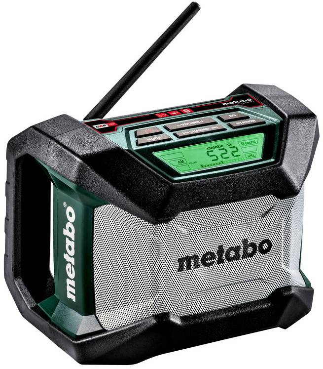 Tragbares Metabo-Radio mit Antenne und digitalem Display, in einem robusten schwarz-grünen Gehäuse dargestellt.