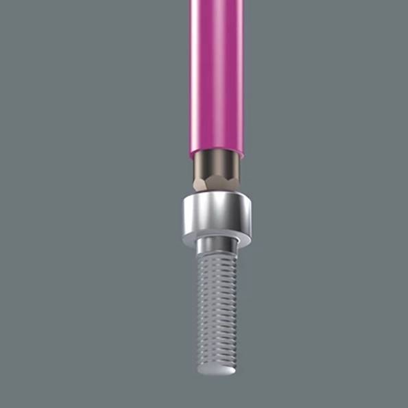 Nahaufnahmedarstellung eines Zahnimplantatsystems mit einem rosa Aufbau, der mit einem metallischen Schraubenpfosten vor grauem Hintergrund verbunden ist.