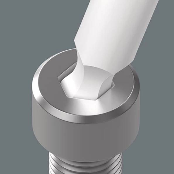 Eine Metallschraube wird mit einem Werkzeug festgezogen und zeigt einen Zahnimplantat-Prothesenmontageprozess.