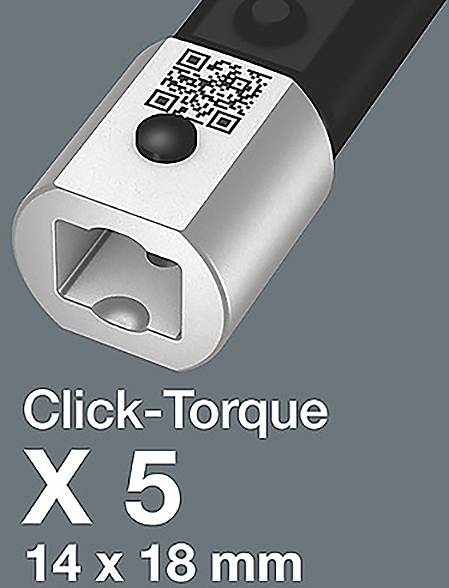 Drehmomentschlüssel-Verlängerung mit der Bezeichnung 'Click-Torque X 5', Größe '14 x 18 mm', mit einem QR-Code auf dem metallischen Ende versehen.