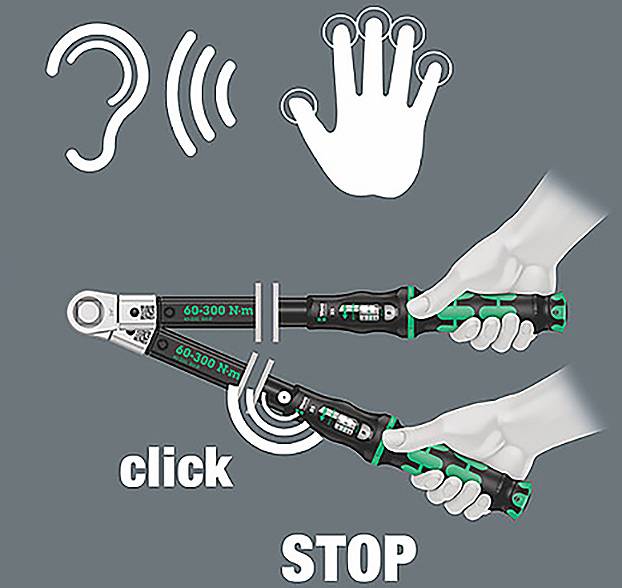 Eine Hand spannt einen Drehmomentschlüssel mit visuellen Hinweisen: ein Ohr und Schallwellen, ein Handsymbol, die Wörter ‚Klick' und ‚STOPP', die die richtige Anwendung anzeigen.