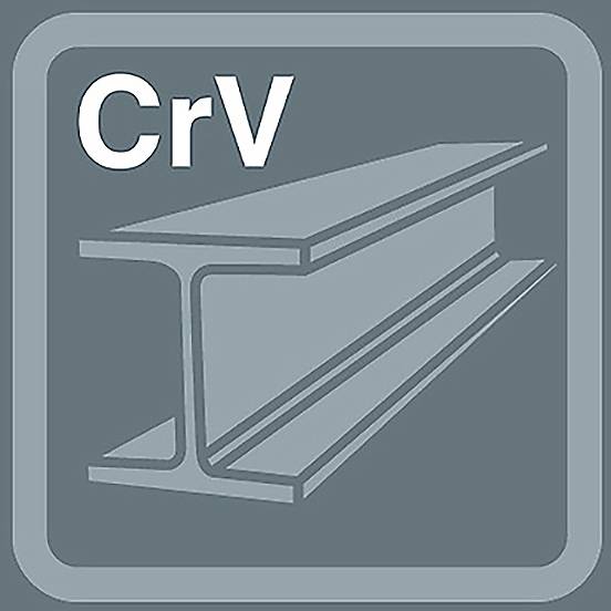Symbol einer Stahlträger-I-Konstruktion mit dem Text 'CrV', der auf Chrom-Vanadium-Stahl hinweist und Stärke sowie Langlebigkeit symbolisiert.