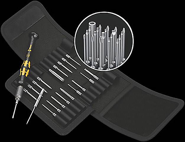 Eine schwarze Werkzeugtasche, geöffnet und einen Satz Präzisionsschraubendreher und Bits zeigend, mit einem Einsatz, der Nahaufnahmedetails verschiedener Metallbits darstellt.