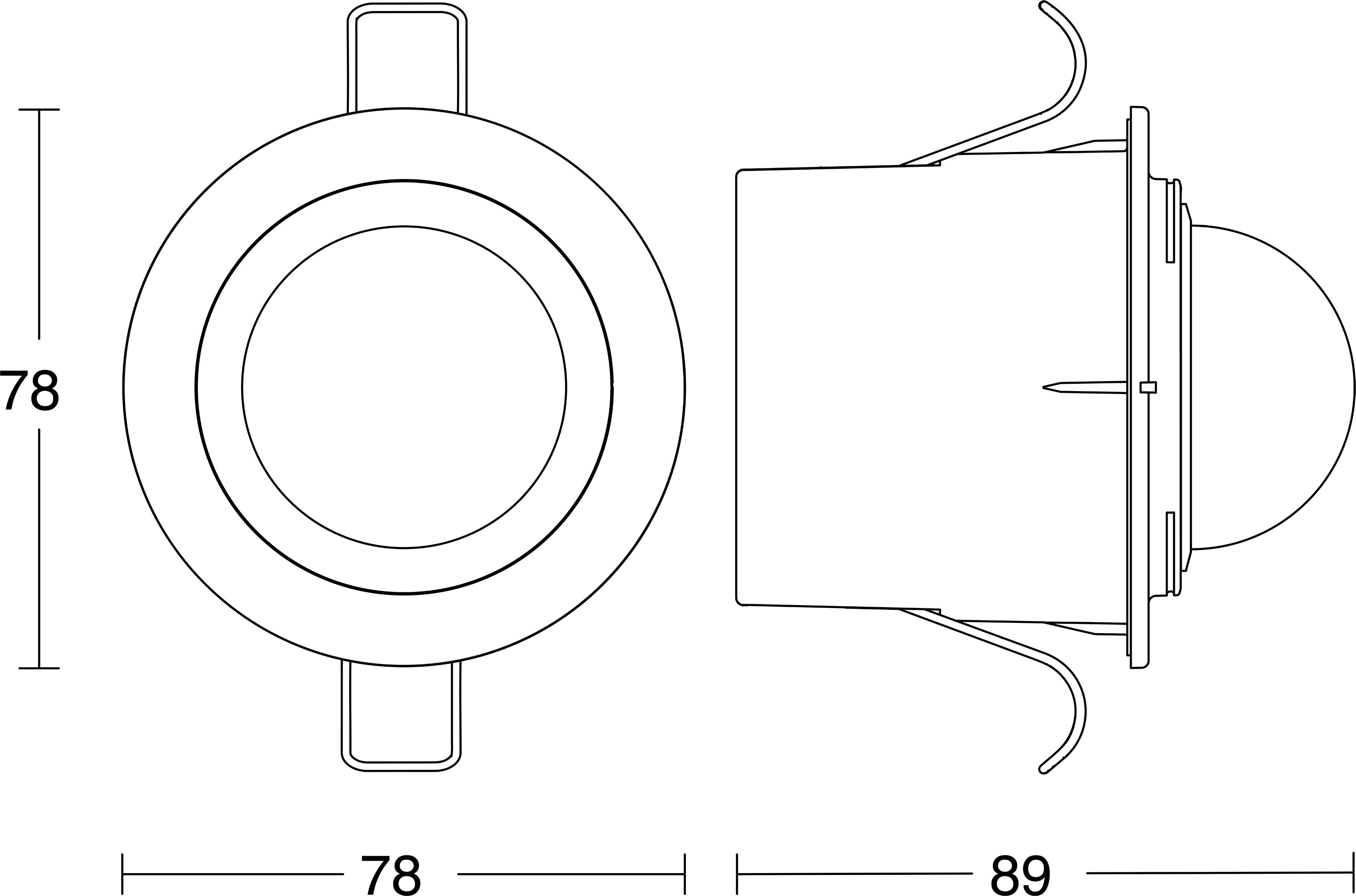 Technische Zeichnung einer runden eingebauten Leuchte, dargestellt in Vorder- und Seitenansicht mit den Abmessungen 78 und 89.