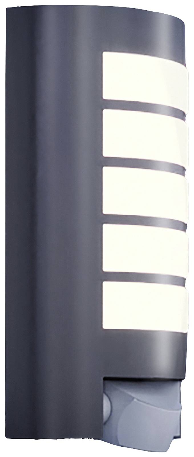 Außenwandleuchte mit modernem schwarzem Gehäuse, vertikalen Streifen aus mattem Glas für gleichmäßige Lichtverteilung.