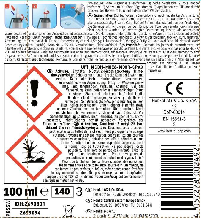 Pattex Perfektes Bad Schimmel Blocker Silikon Herstellerfarbe Weiß PKSSW 100ml