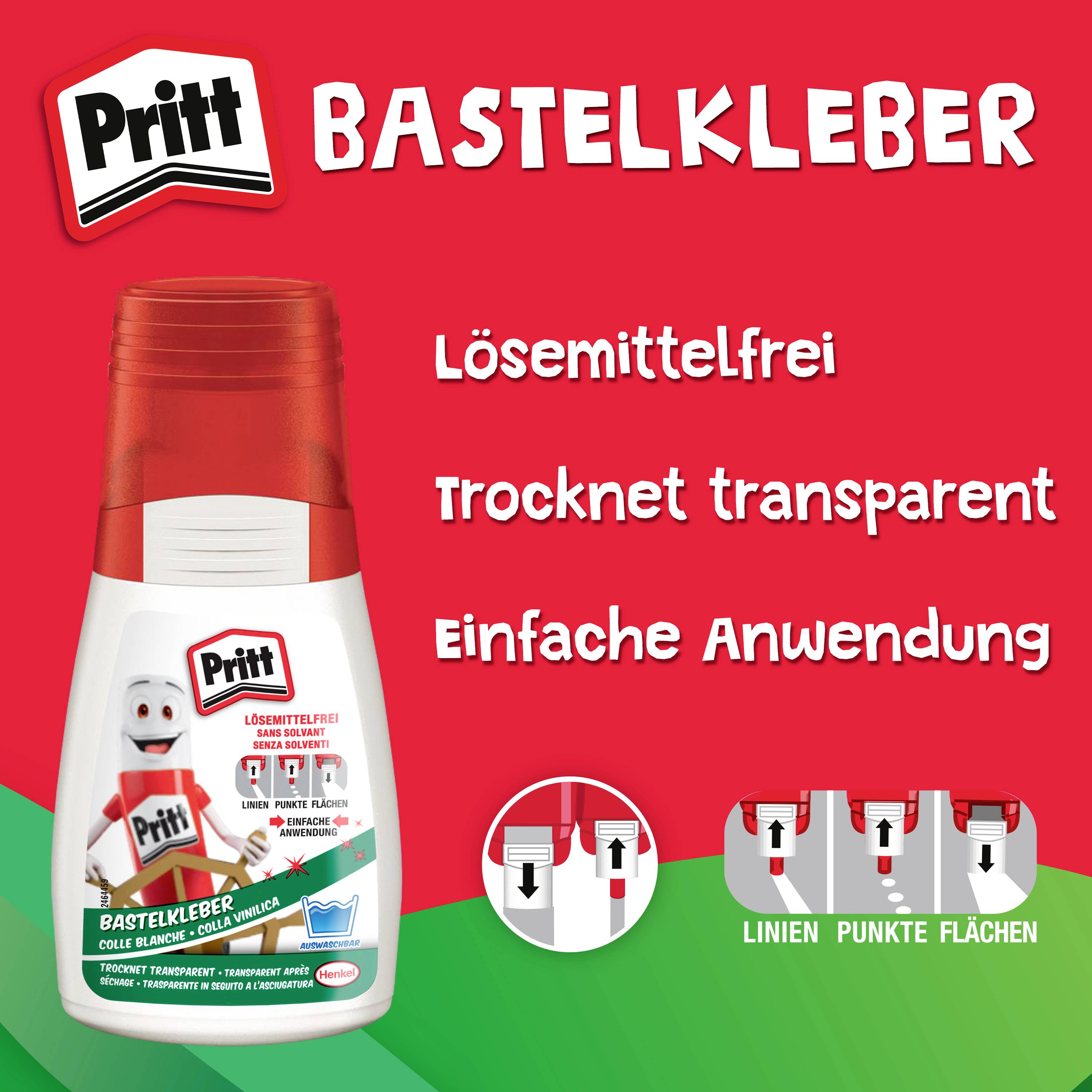 'Pritt Bastelkleber' Flasche auf grünem Hintergrund. Text: 'Lösungsmittelfrei, Trocknet transparent, Einfache Anwendung'. Symbole für 'Linien' und 'Punkte Flächen'.