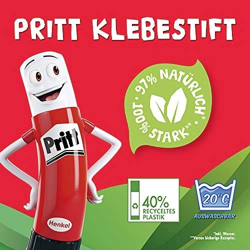Ein Pritt Klebestift auf rotem Hintergrund. Text: 'Pritt Klebestift', '40% Recyceltes Plastik', '97% Natürlich', '20°C Auswaschbar'.