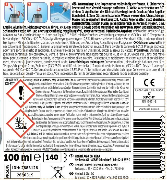 Pattex Perfektes Bad Sanitär Silikon Herstellerfarbe Weiß PKSDW 100 ml