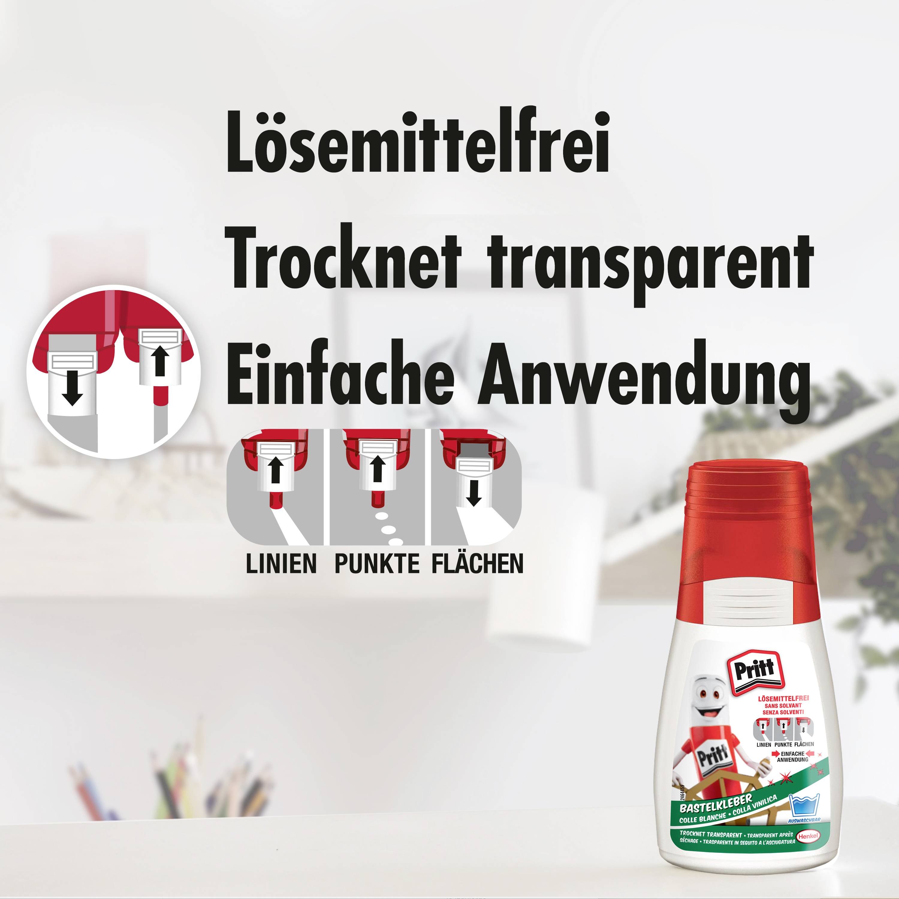 Das Bild zeigt einen Klebeflasche Produkt von Pritt mit der Aufschrift 'Lösemittelfrei, trocknet transparent, einfache Anwendung'. Im Hintergrund sind Anleitungen zum Auftrag in Linien, Punkten und Flächen zu sehen.
