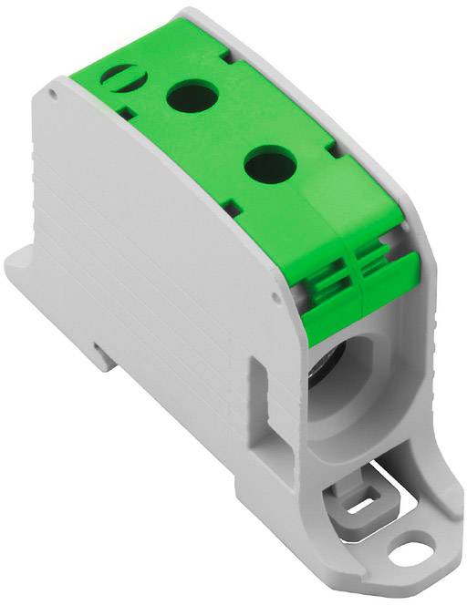 Ein weiß-grüner elektrischer Klemmenblock mit zwei Anschlussstellen. Er dient zur sicheren Verbindung von Drähten in elektrischen Installationen.