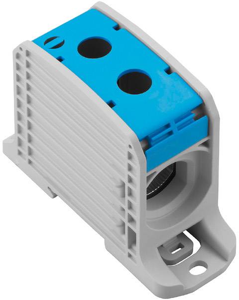 Ein grauer Elektroanschlussblock mit blauer Oberseite, zwei Löchern und Befestigungslaschen an der Basis.