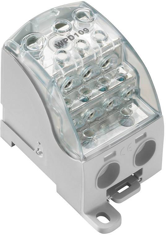 Ein grauer elektrischer Klemmblock mit transparentem Gehäuse und der Aufschrift 'WPD109'.