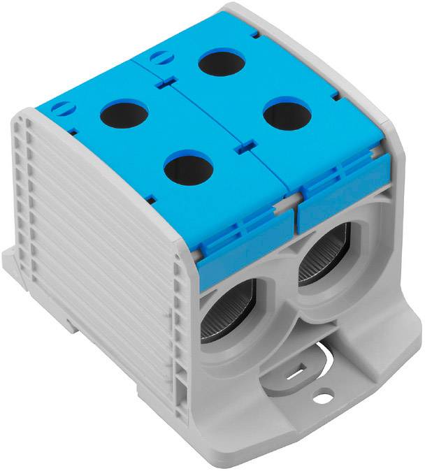 Elektrischer Verbindungsklemmenblock, grau-blau, mit vier Kabelanschlüssen, zur Installation und Leitungssicherung.
