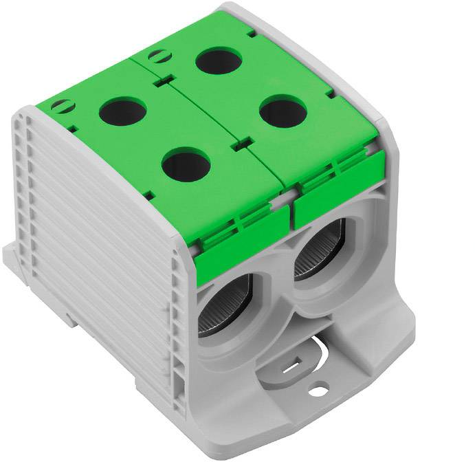 Grüner und weißer dreipoliger Kabelverbinder mit zwei Schraubenlöchern zur Befestigung, geeignet für elektrische Verbindungen.
