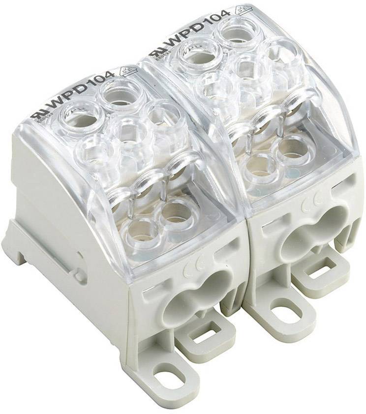 Ein graues, doppeltes elektrisches Klemmenblock, markiert mit 'RM-WPD104'. Geeignet für Kabelverbindungen.