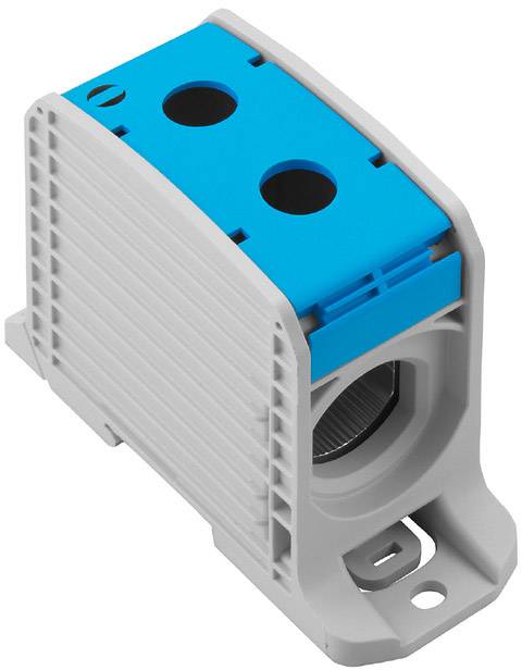 Kompakte elektrische Anschlussklemme in Grau und Blau, mit zwei Anschlussöffnungen und einer Montagebasis.